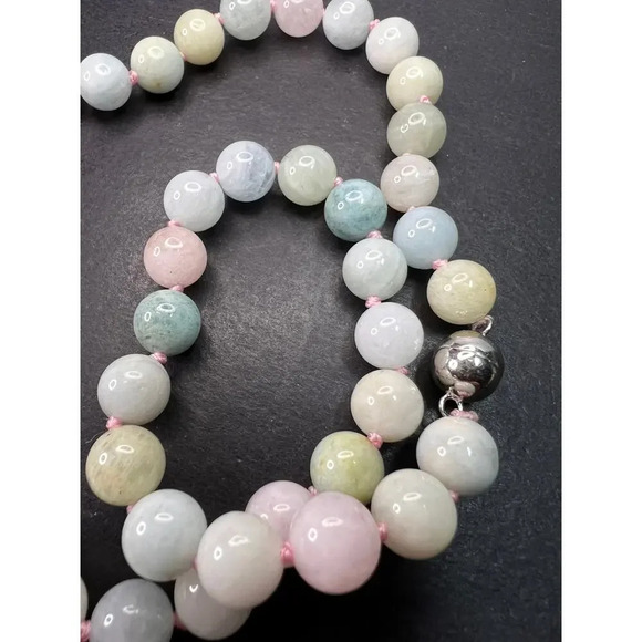 Multi beryl aquamarine morganite knotted necklace with sterling  clasp - Picture 4 of 11